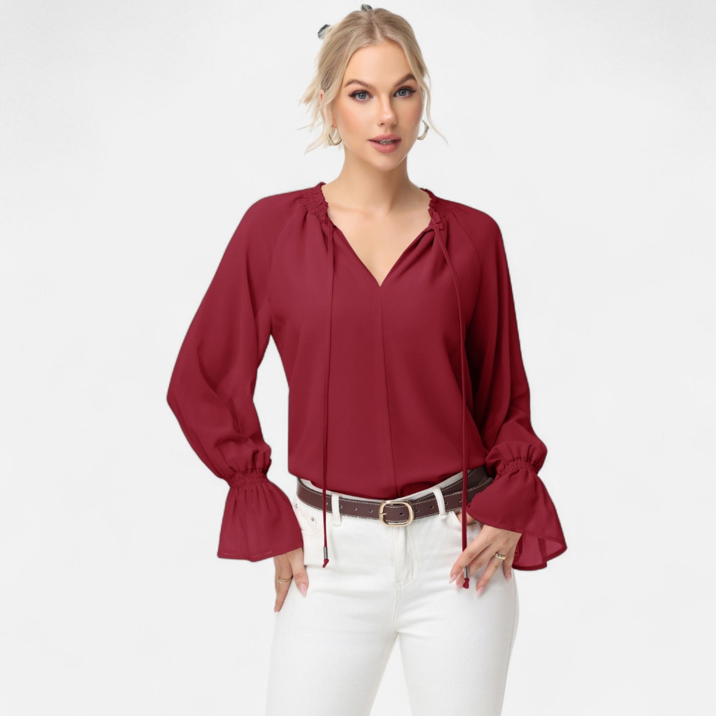 Long Sleeve Blouse with Flounce Cuffs and Ruffle Trim Tie Neck Design