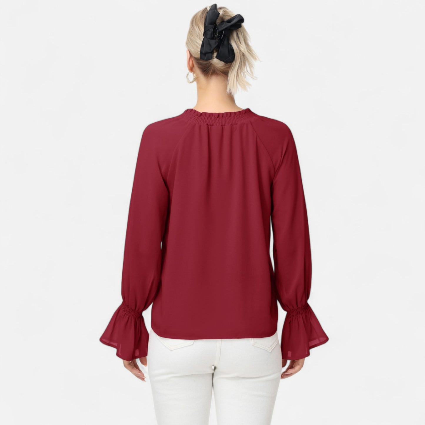 Long Sleeve Blouse with Flounce Cuffs and Ruffle Trim Tie Neck Design