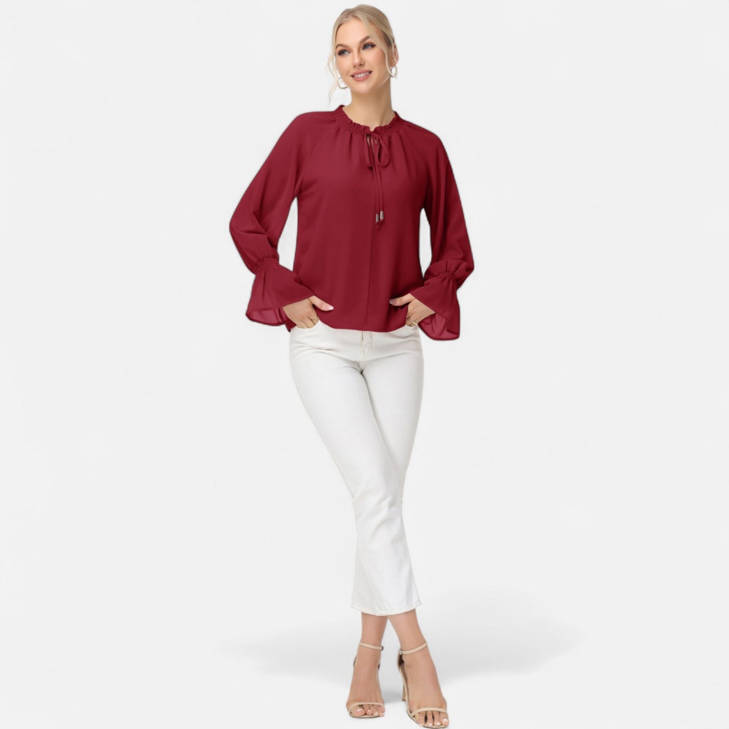 Long Sleeve Blouse with Flounce Cuffs and Ruffle Trim Tie Neck Design
