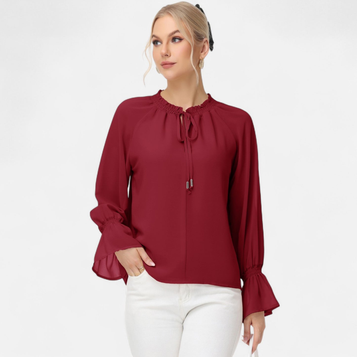 Long Sleeve Blouse with Flounce Cuffs and Ruffle Trim Tie Neck Design