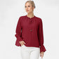 Long Sleeve Blouse with Flounce Cuffs and Ruffle Trim Tie Neck Design