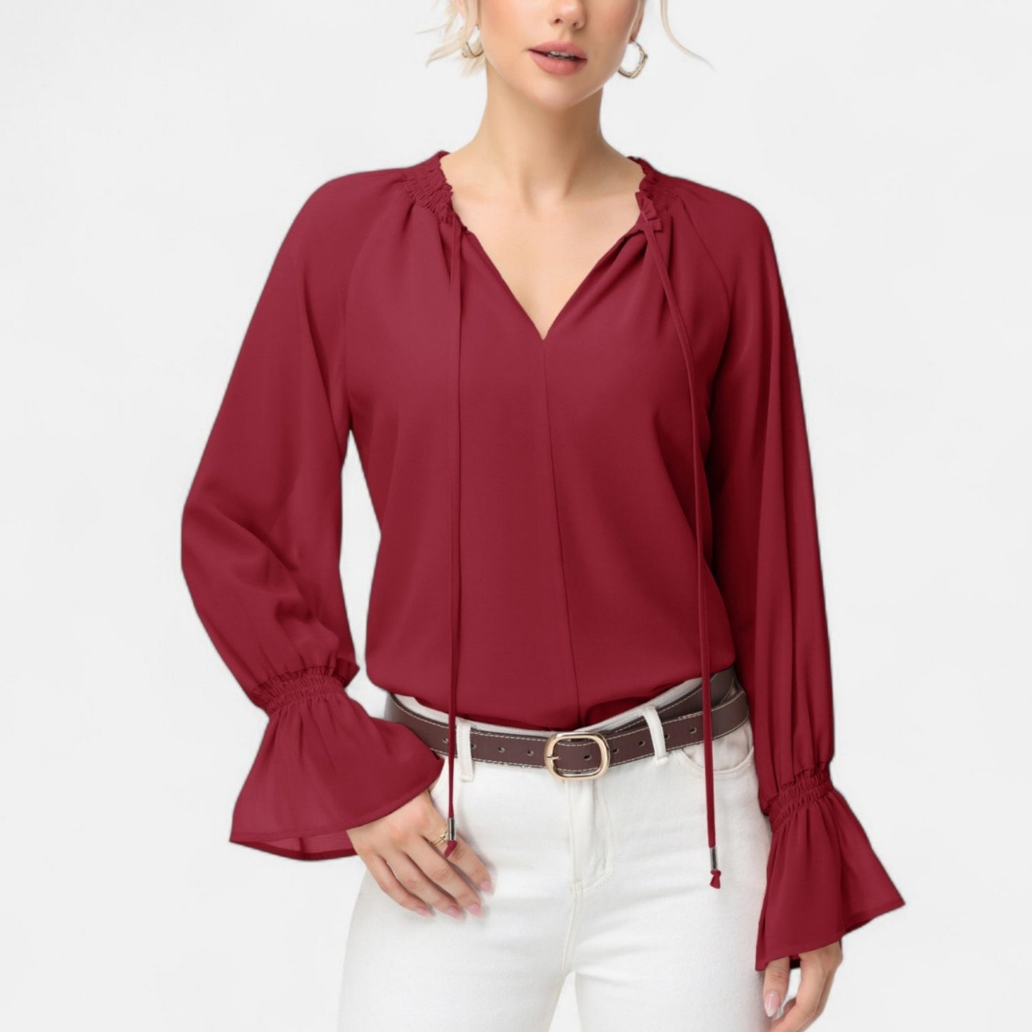 Long Sleeve Blouse with Flounce Cuffs and Ruffle Trim Tie Neck Design
