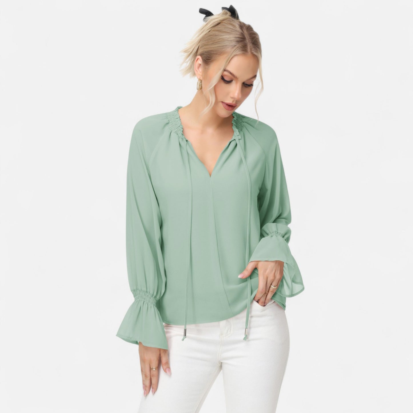 Long Sleeve Blouse with Flounce Cuffs and Ruffle Trim Tie Neck Design
