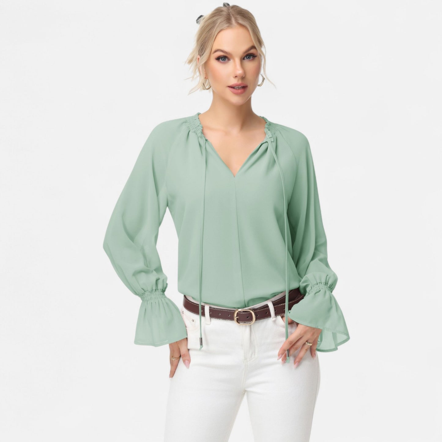 Long Sleeve Blouse with Flounce Cuffs and Ruffle Trim Tie Neck Design