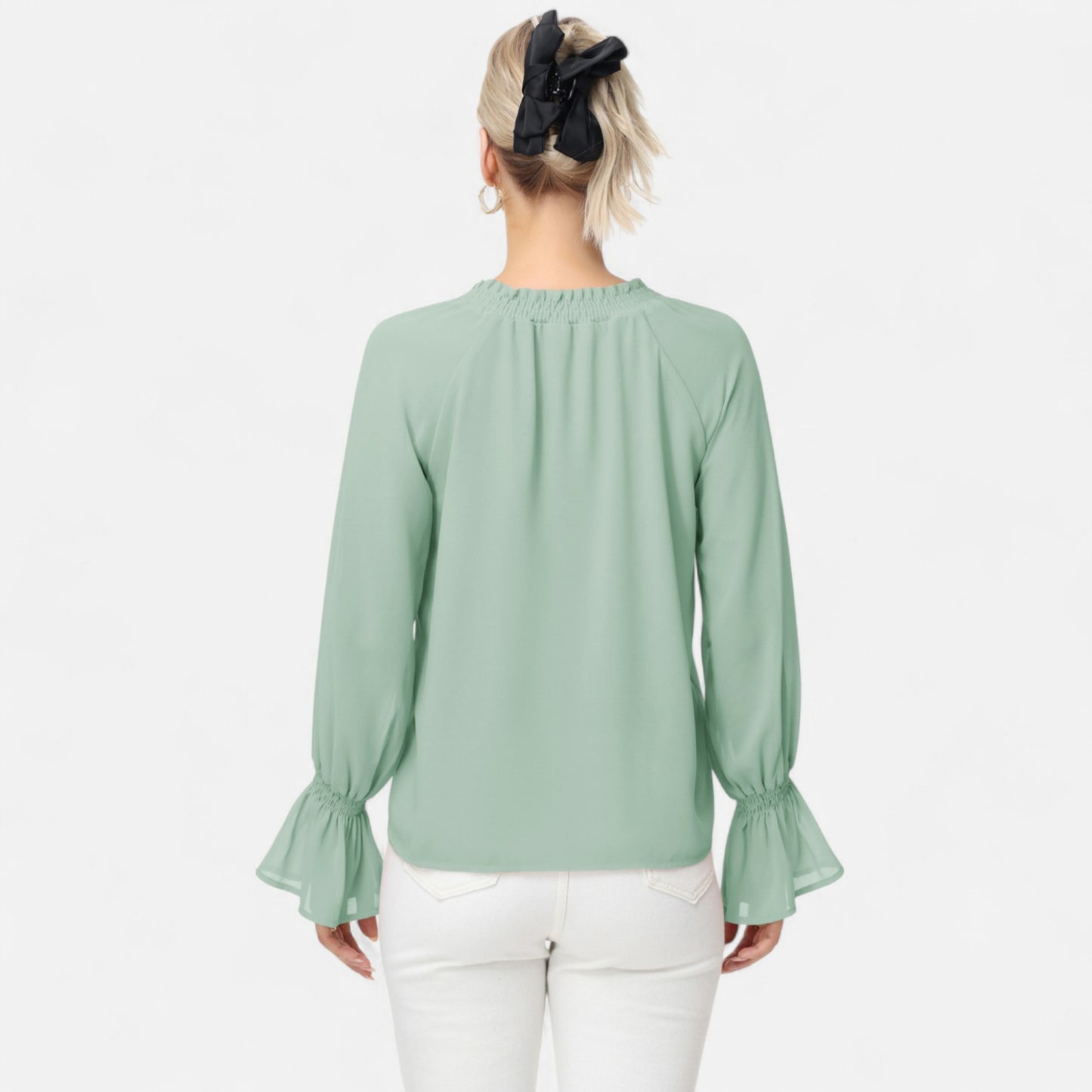 Long Sleeve Blouse with Flounce Cuffs and Ruffle Trim Tie Neck Design