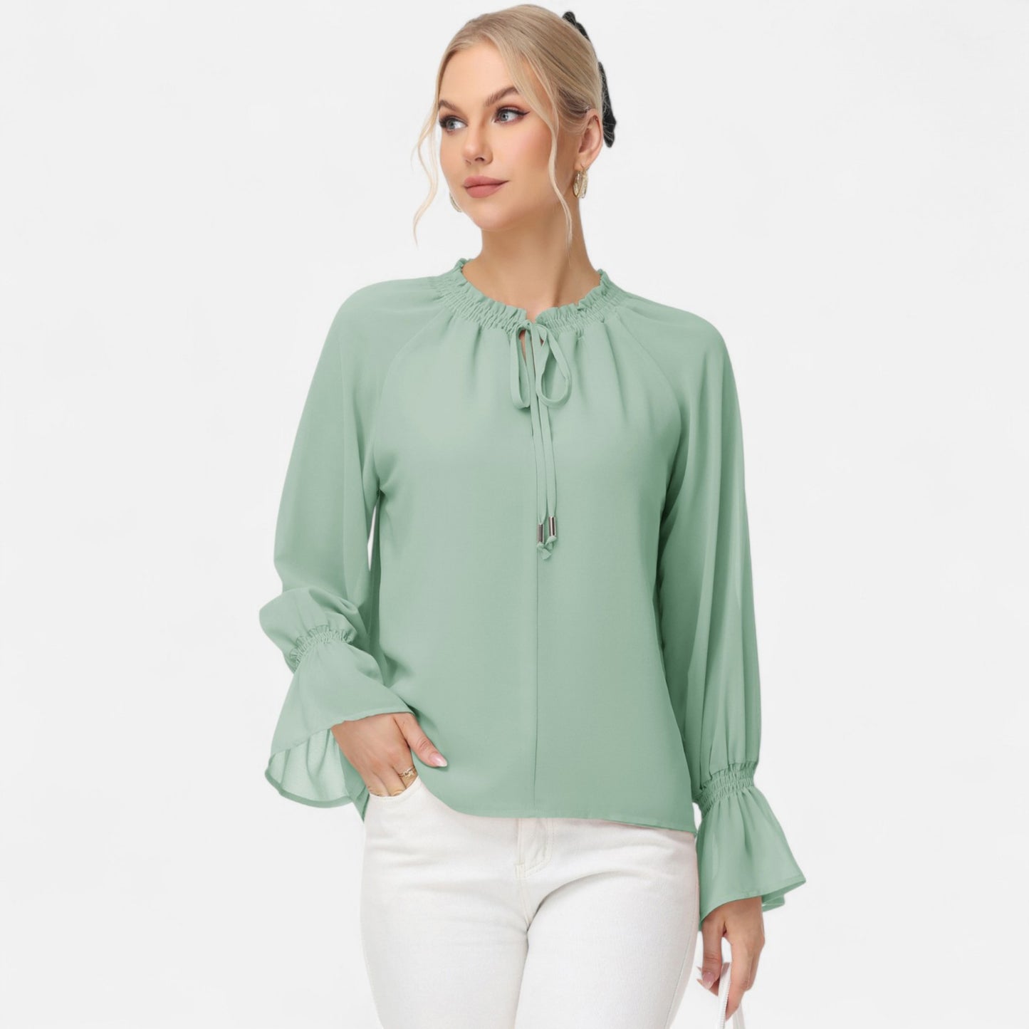 Long Sleeve Blouse with Flounce Cuffs and Ruffle Trim Tie Neck Design