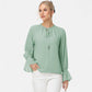 Long Sleeve Blouse with Flounce Cuffs and Ruffle Trim Tie Neck Design