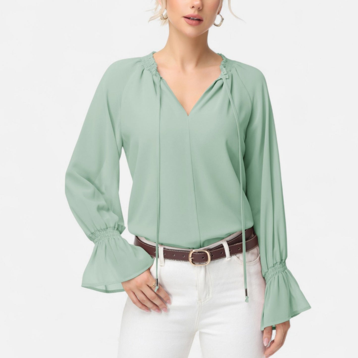 Long Sleeve Blouse with Flounce Cuffs and Ruffle Trim Tie Neck Design