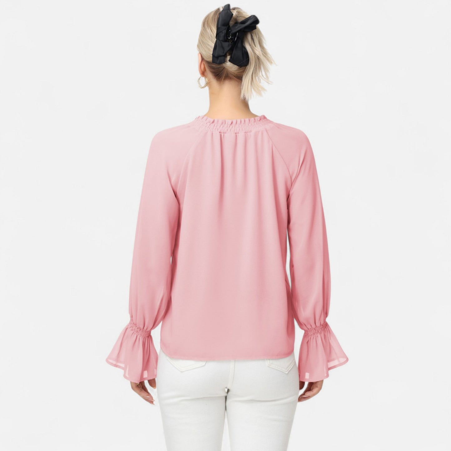 Long Sleeve Blouse with Flounce Cuffs and Ruffle Trim Tie Neck Design