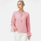 Long Sleeve Blouse with Flounce Cuffs and Ruffle Trim Tie Neck Design