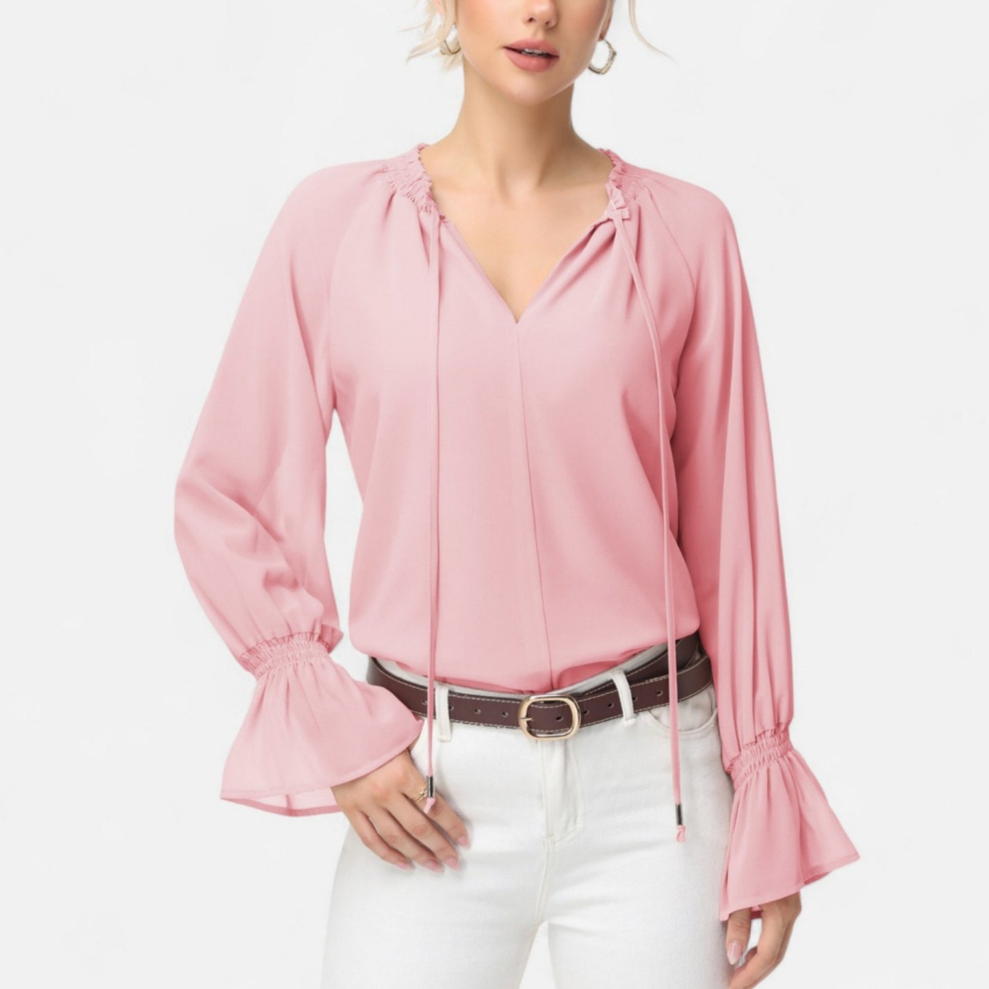 Long Sleeve Blouse with Flounce Cuffs and Ruffle Trim Tie Neck Design
