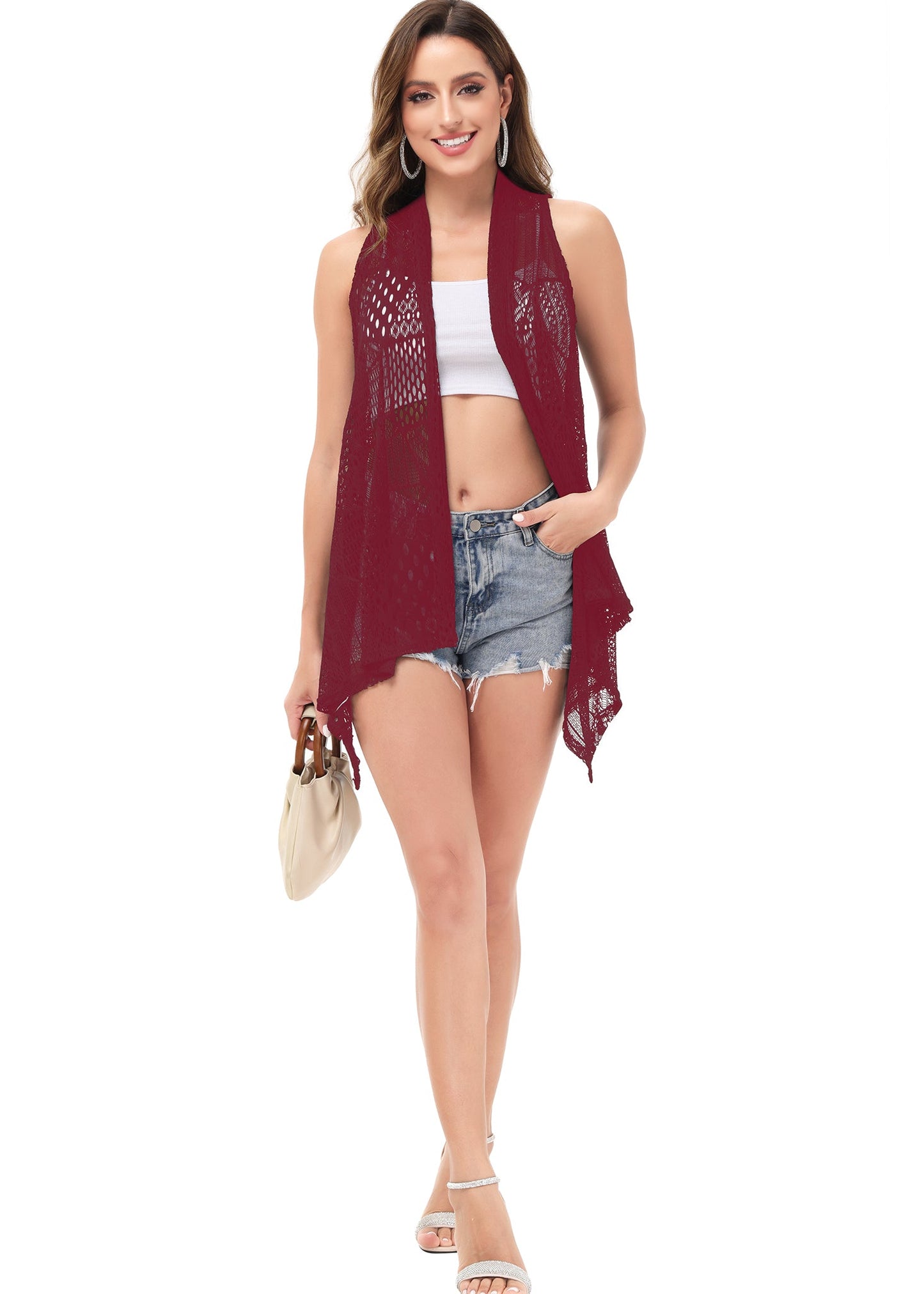 Womens Sleeveless Open Front Crochet Shawl Cardigan Bikini Cover Up