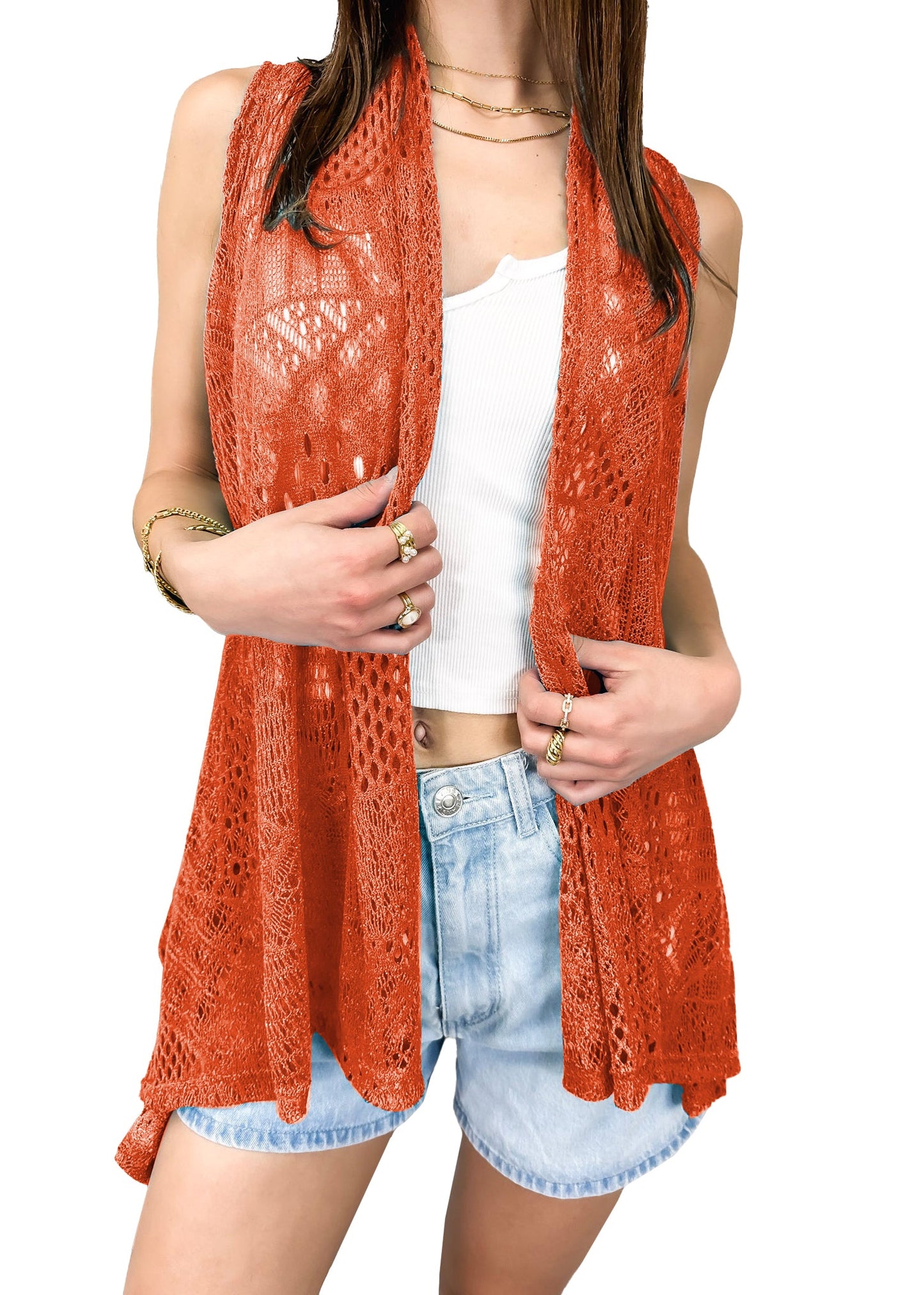 Womens Sleeveless Open Front Crochet Shawl Cardigan Bikini Cover Up