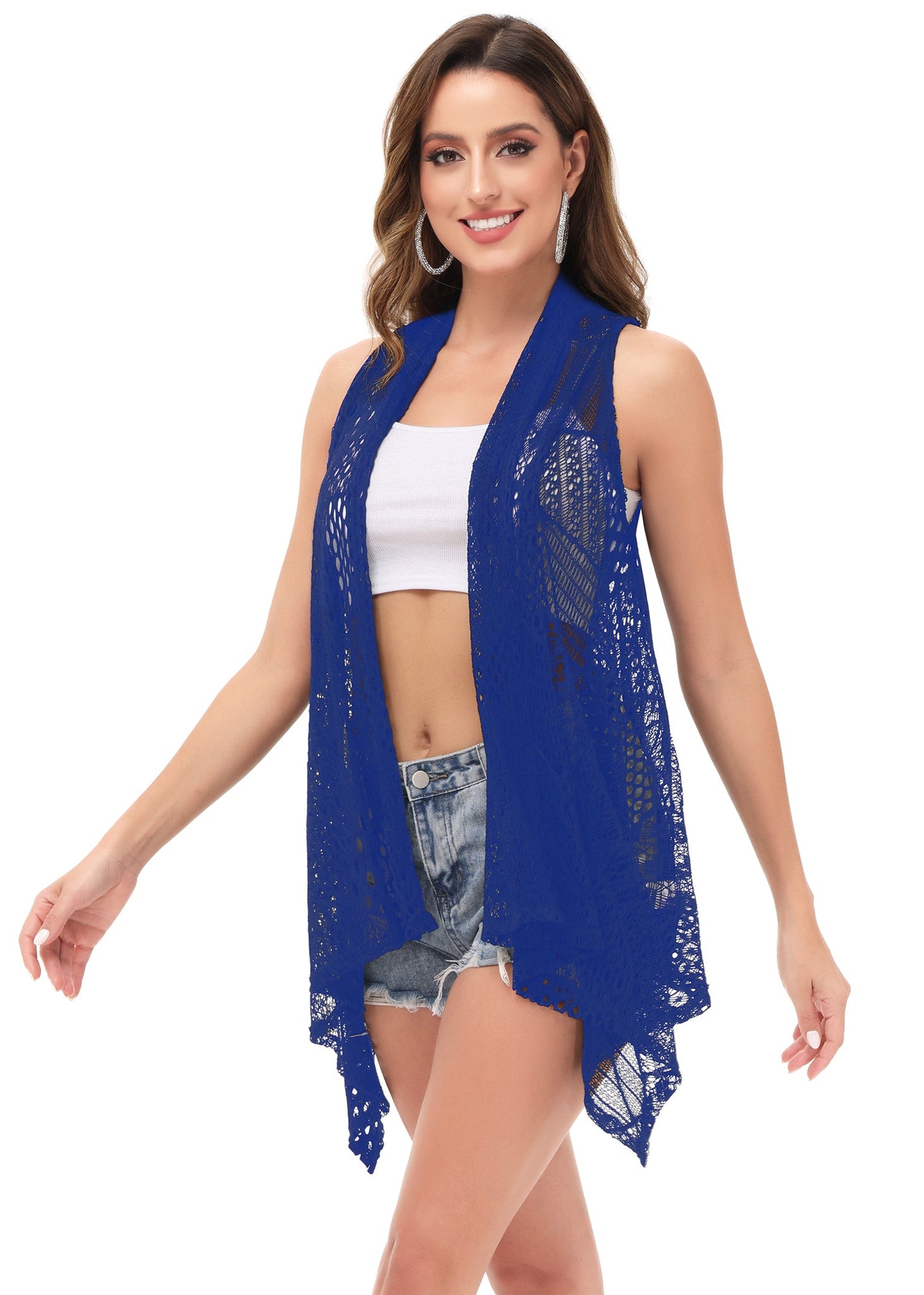 Womens Sleeveless Open Front Crochet Shawl Cardigan Bikini Cover Up