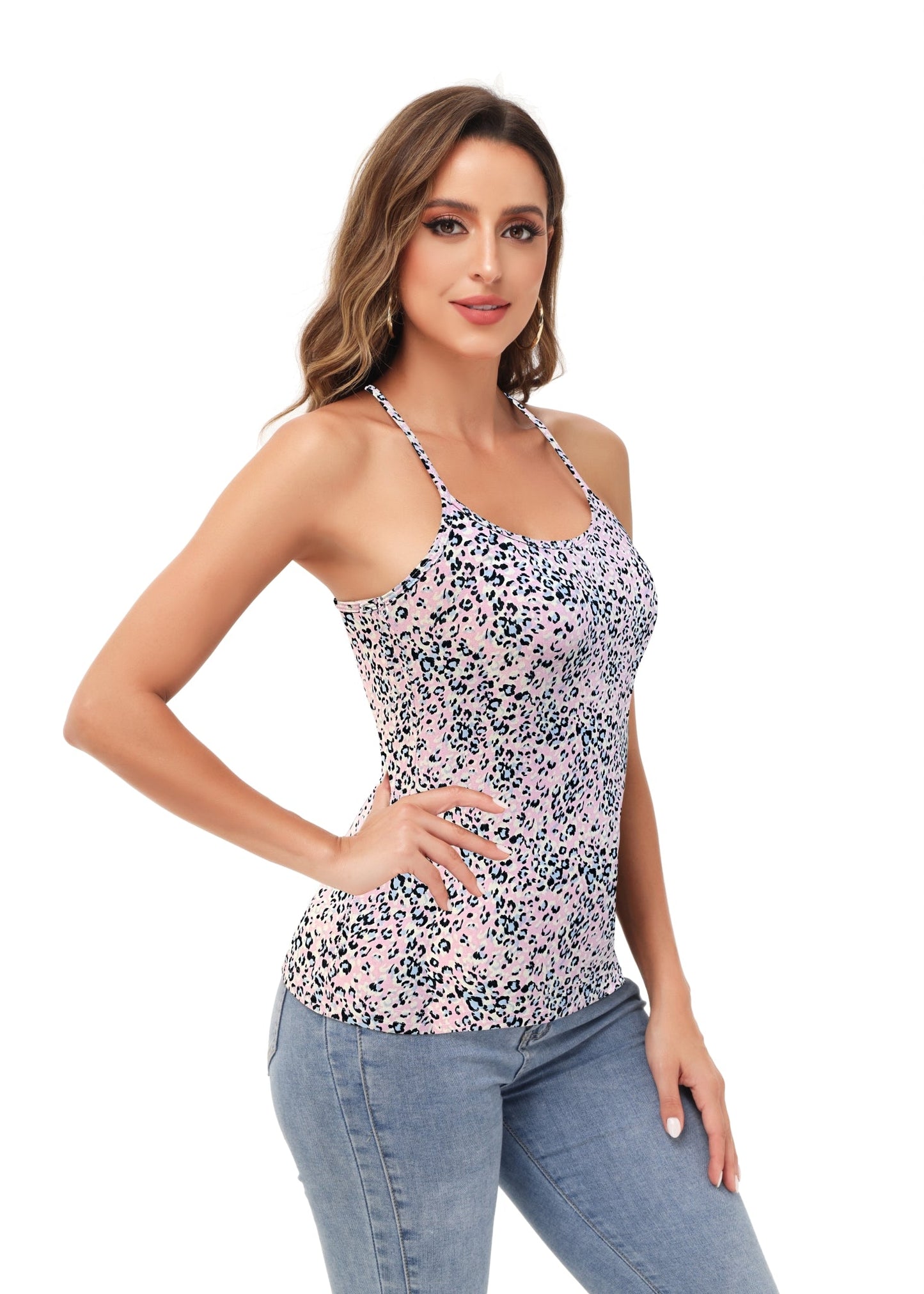 Anna-Kaci Womens Casual Leopard Print Spaghetti Strap Soft Racerback Tank Top