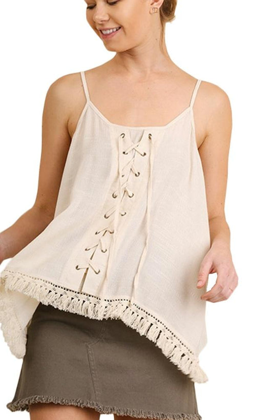 Anna-Kaci Womens Casual Drape Tassel Hem Sleeveless Bohemian Peasant Cami Top