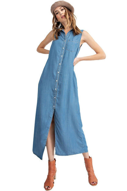 Classic Button-Down Collar Denim Shirt Dress