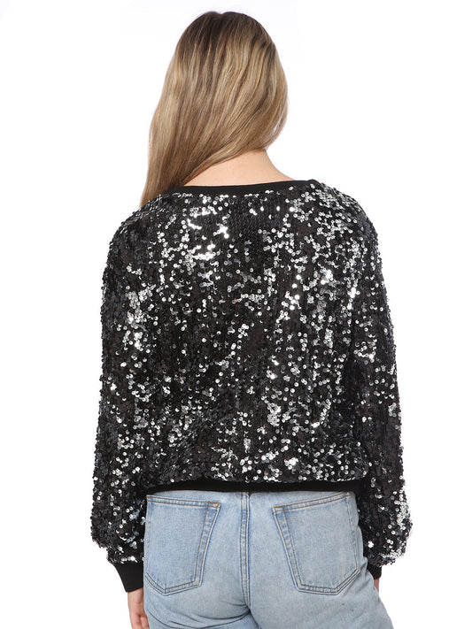 Sequin Sweatshirt Round Neck Top Long Sleeve Ribbed Cuffs Outerwear