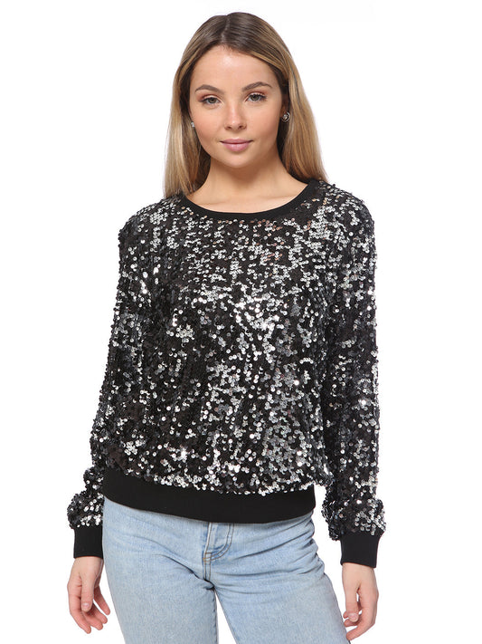 Sequin Sweatshirt Round Neck Top Long Sleeve Ribbed Cuffs Outerwear