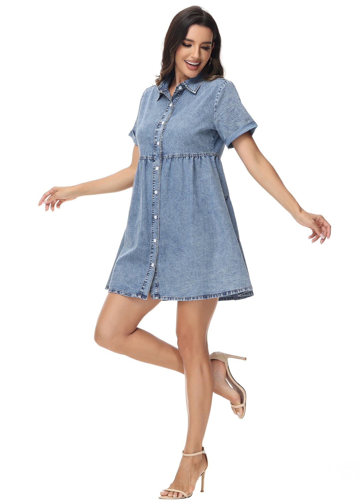 Anna-Kaci Women's Casual Short Sleeve High Waist Button Down Tiered Denim Shirt Dress