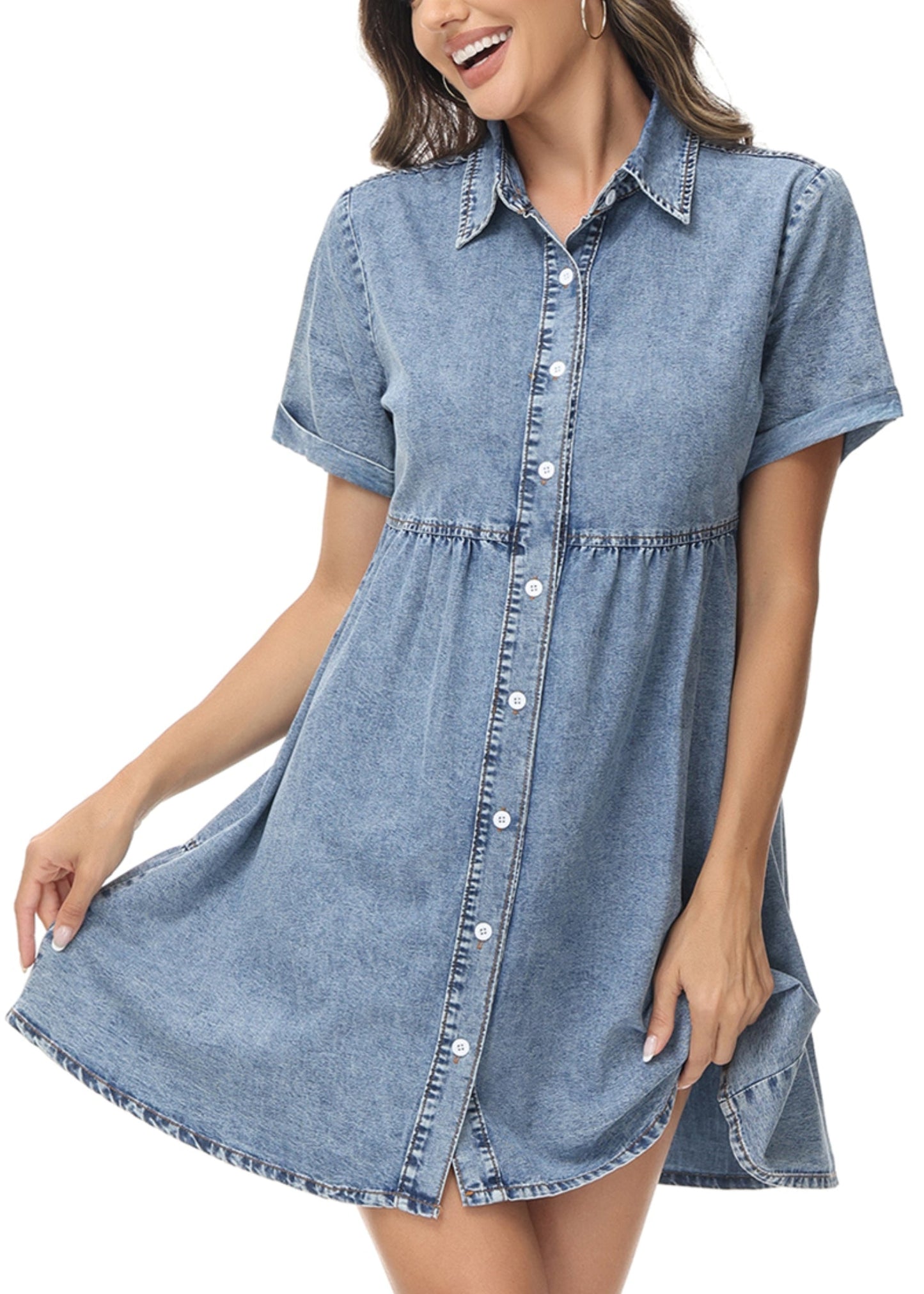 Anna-Kaci Women's Casual Short Sleeve High Waist Button Down Tiered Denim Shirt Dress