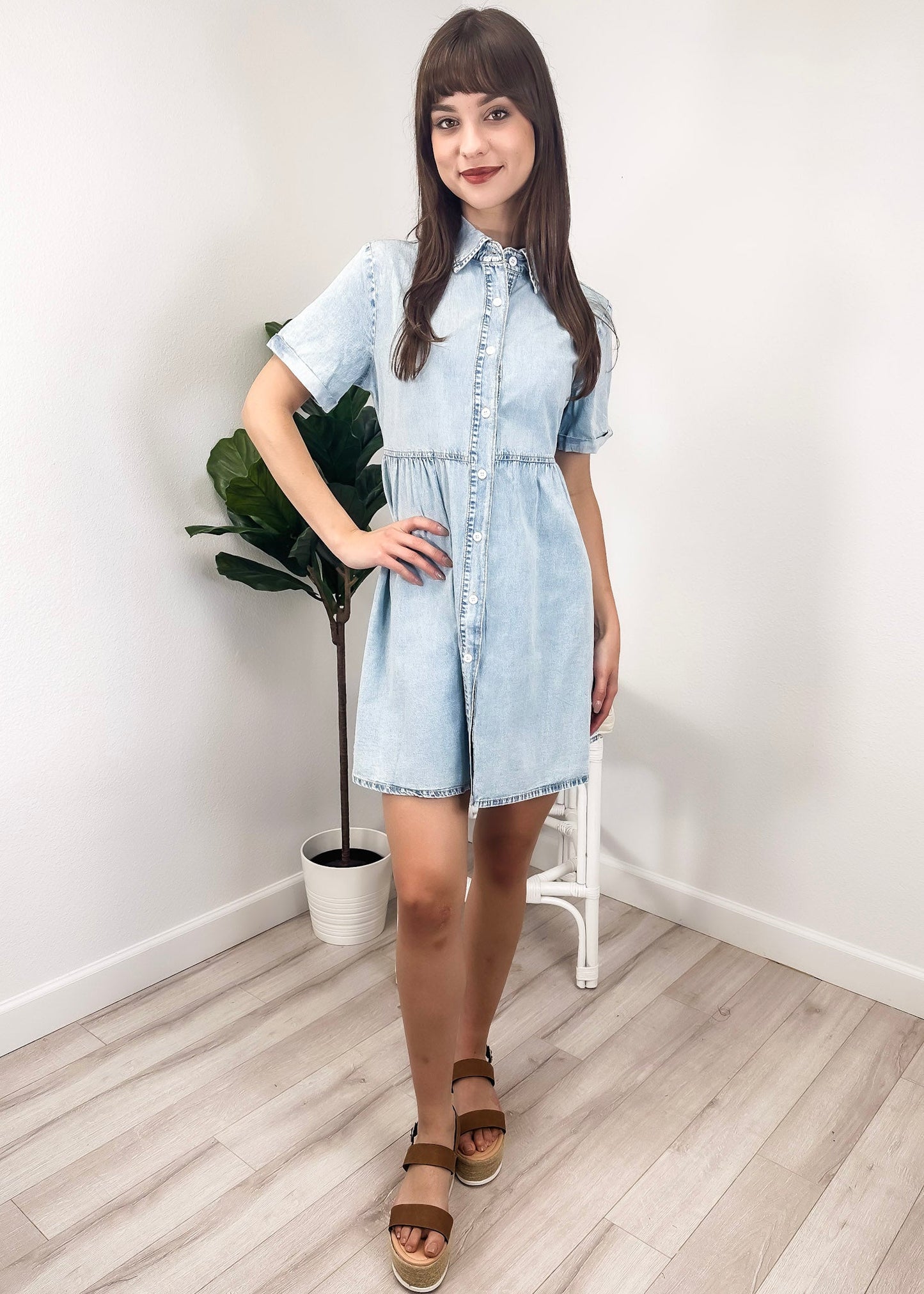 Anna-Kaci Women's Casual Short Sleeve High Waist Button Down Tiered Denim Shirt Dress