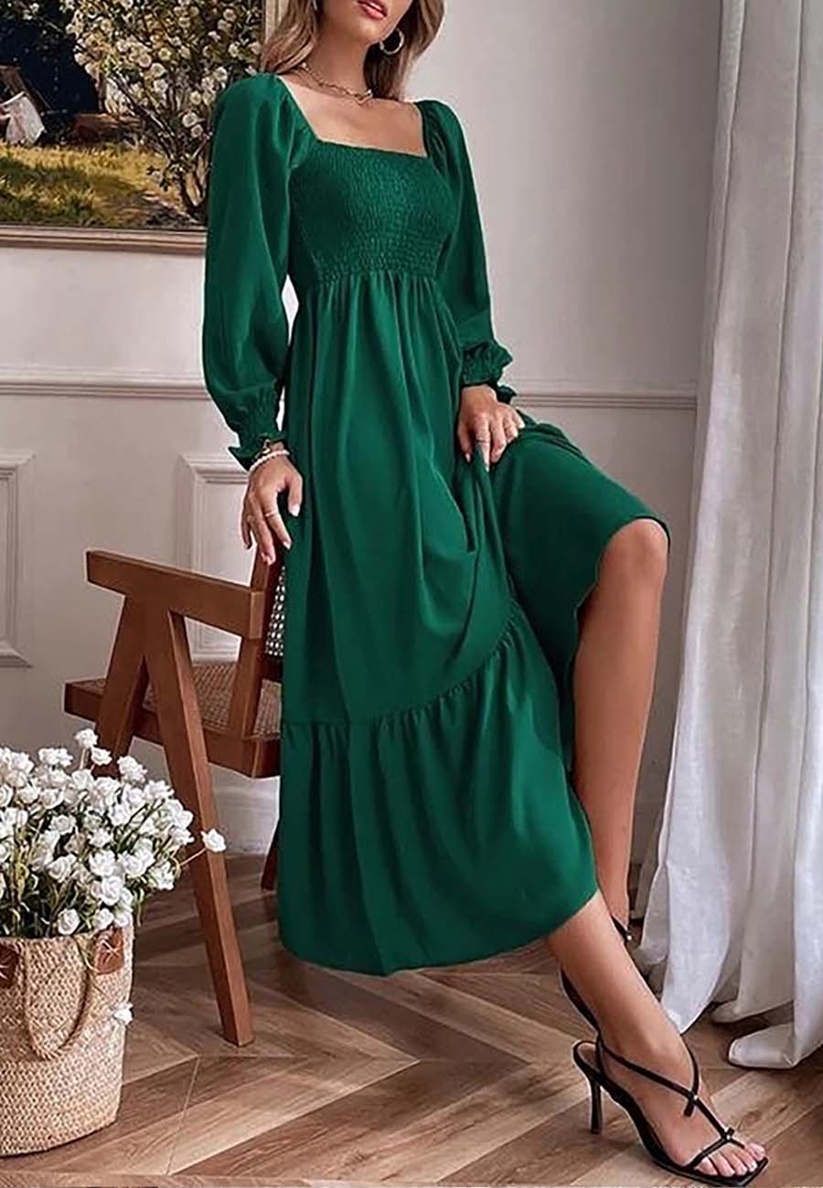 Anna-Kaci Women's Square Neck Shirred Ruffle Hem Long Sleeve Maxi Dress