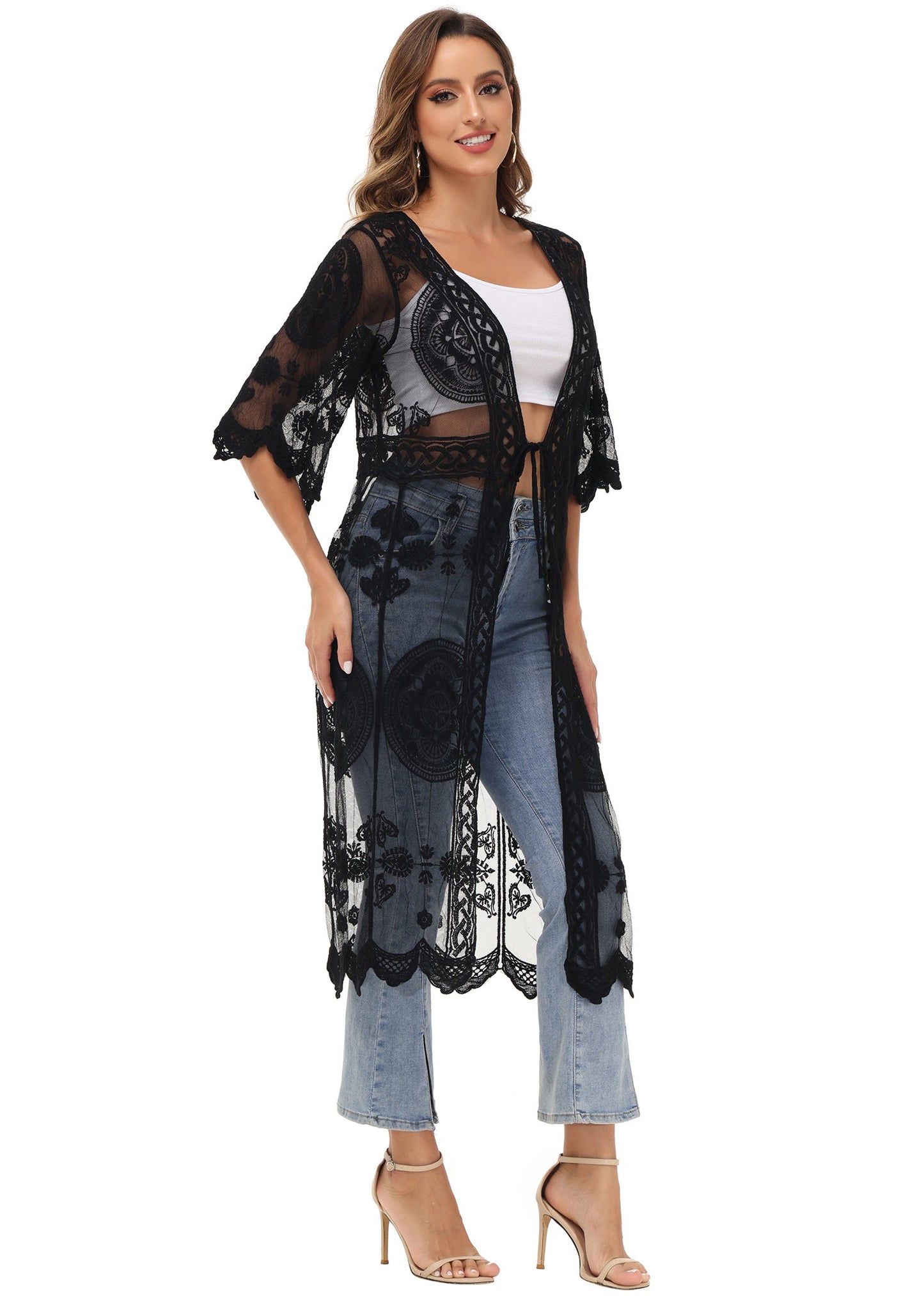 Half Sleeve Tie Front Embroidered Lace Kimono Cardigan Coverup