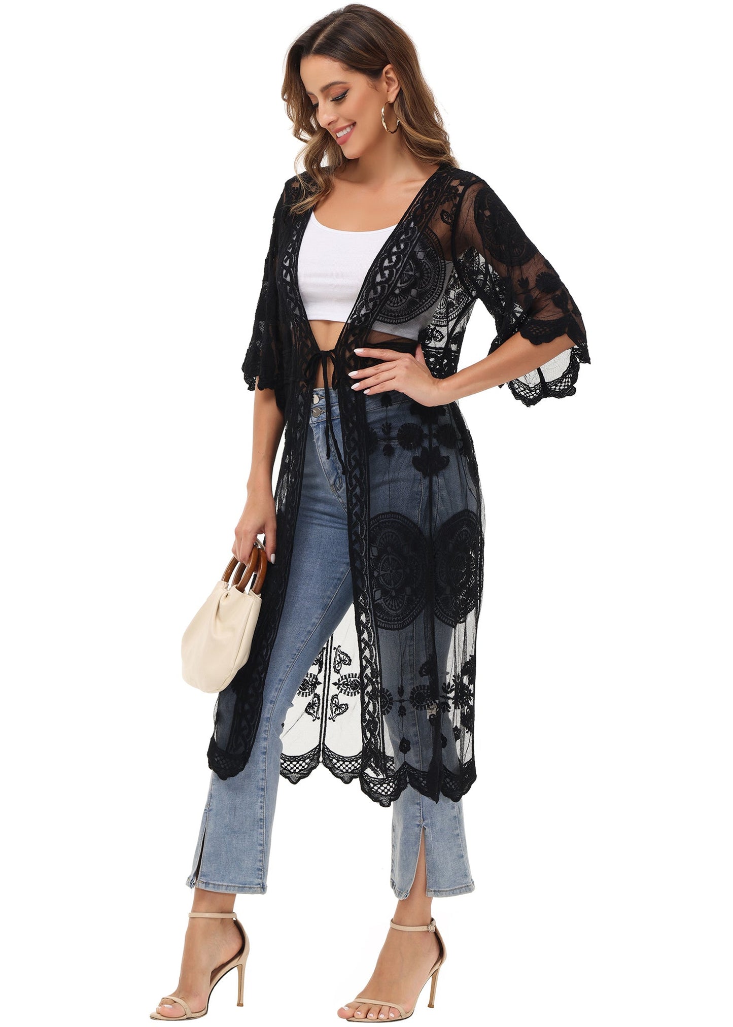 Half Sleeve Tie Front Embroidered Lace Kimono Cardigan Coverup