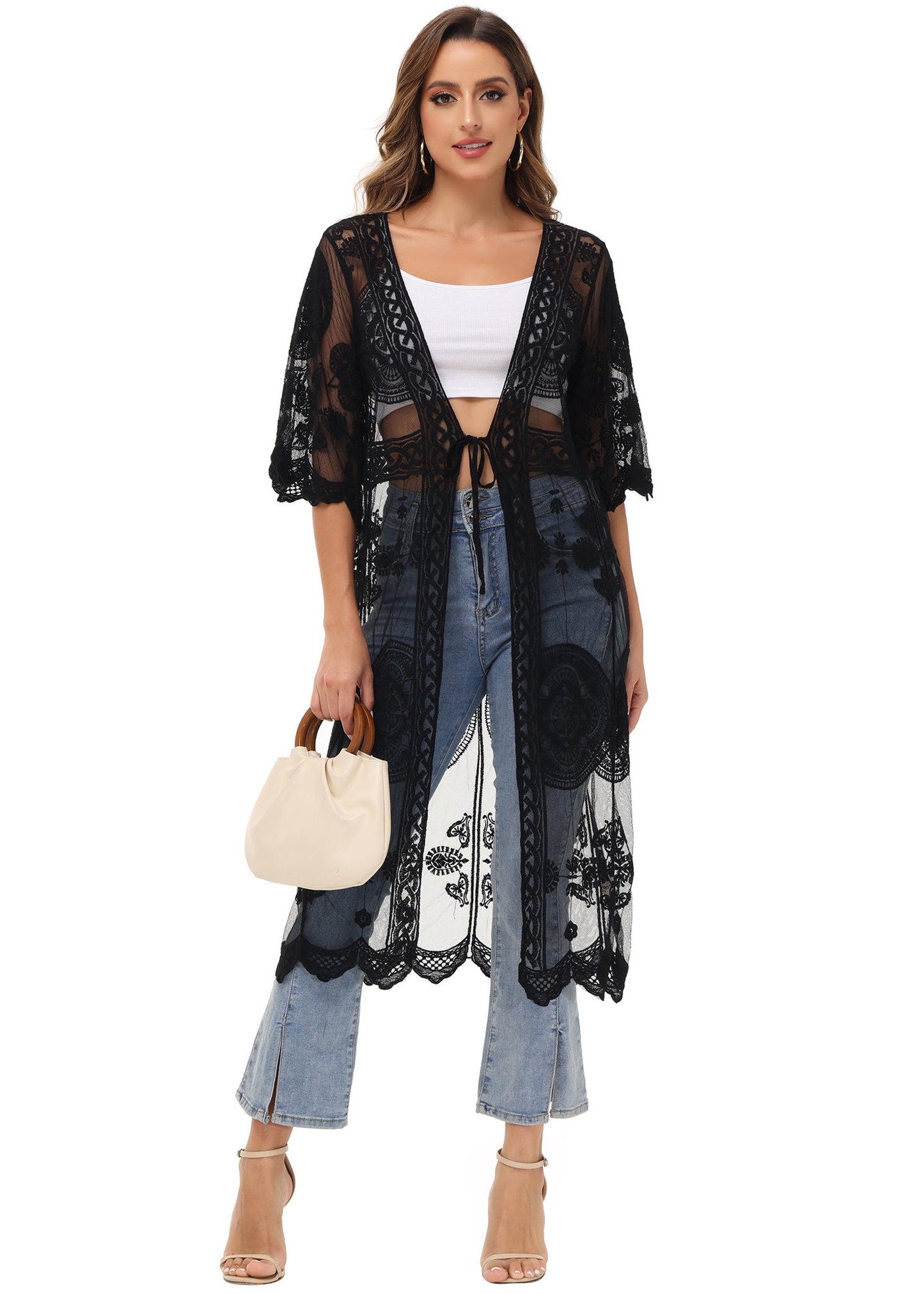 Half Sleeve Tie Front Embroidered Lace Kimono Cardigan Coverup