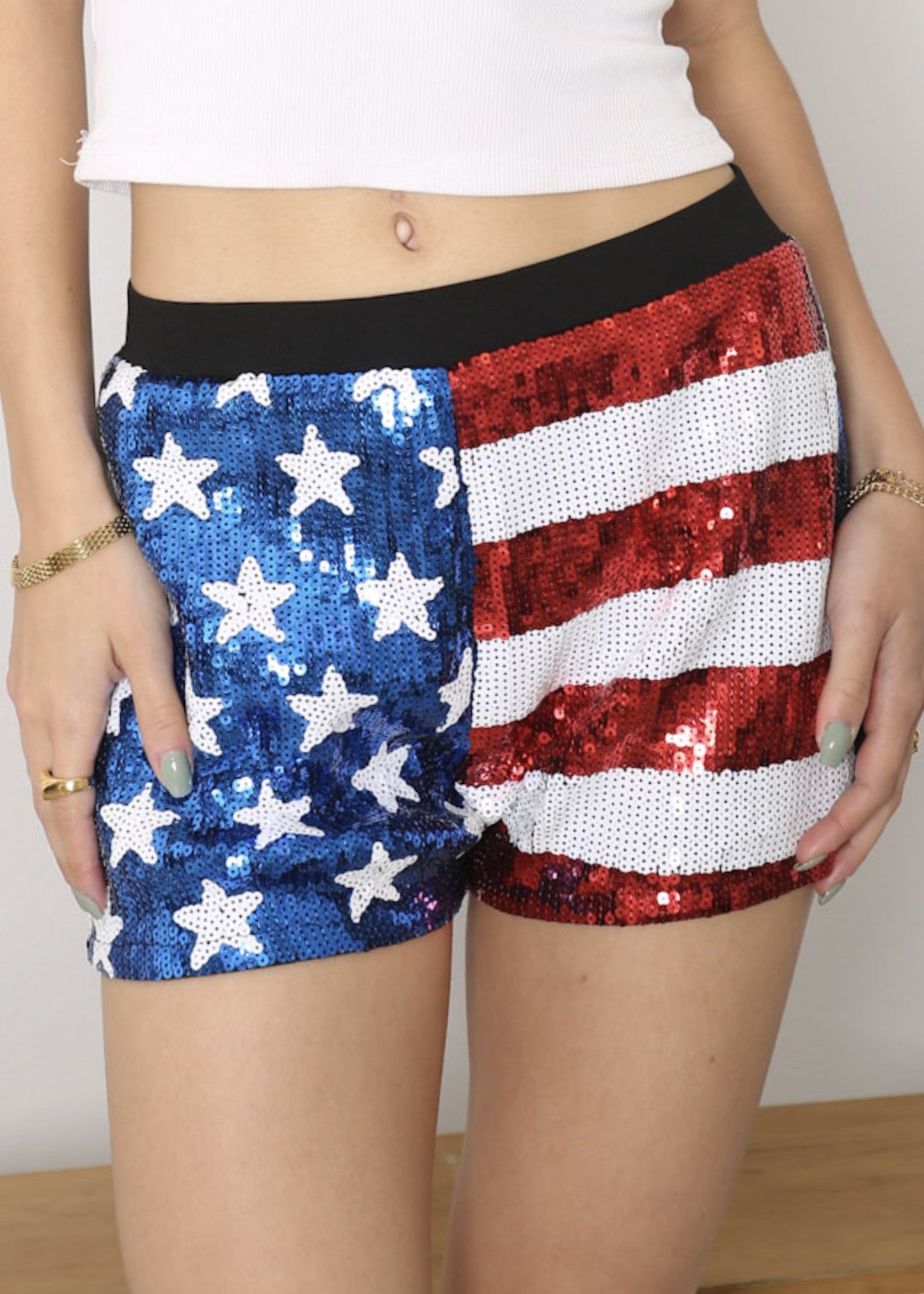 Anna-Kaci Women's Mid Rise July 4th USA Flag Star Stripes Sparkly Sequin Shorts