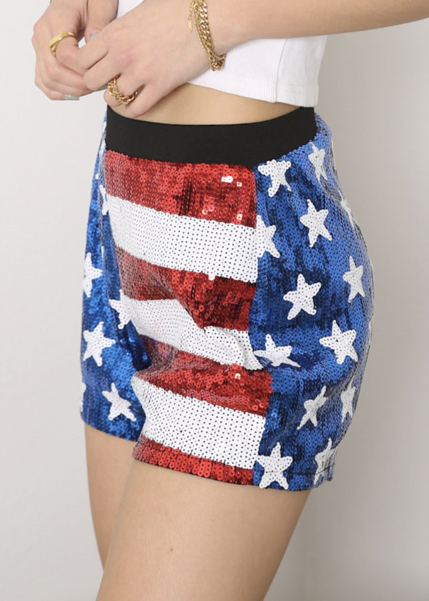 Anna-Kaci Women's Mid Rise July 4th USA Flag Star Stripes Sparkly Sequin Shorts