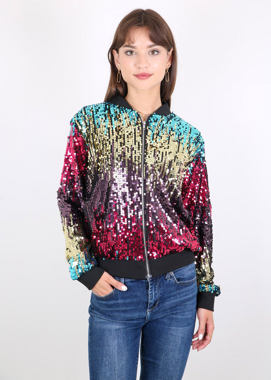 Anna-Kaci Womens Sequin Jacket Sparkle Long Sleeve Front Zip Casual Blazer Bomber Jacket With Pockets