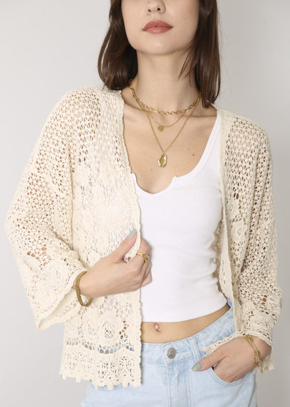 Anna-Kaci Womens Short Embroidered Lace Kimono Crop Cardigan with Half Sleeves