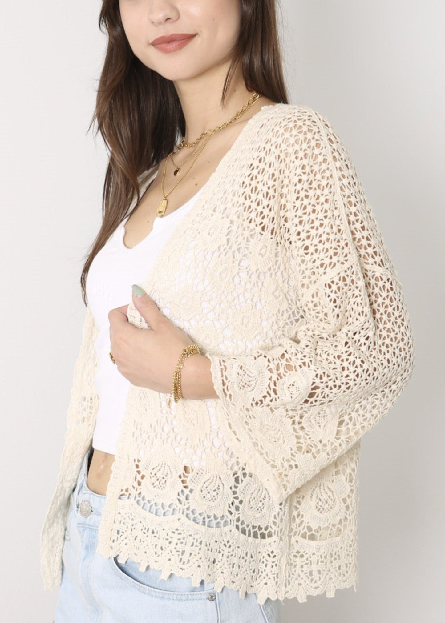 Anna-Kaci Womens Short Embroidered Lace Kimono Crop Cardigan with Half Sleeves