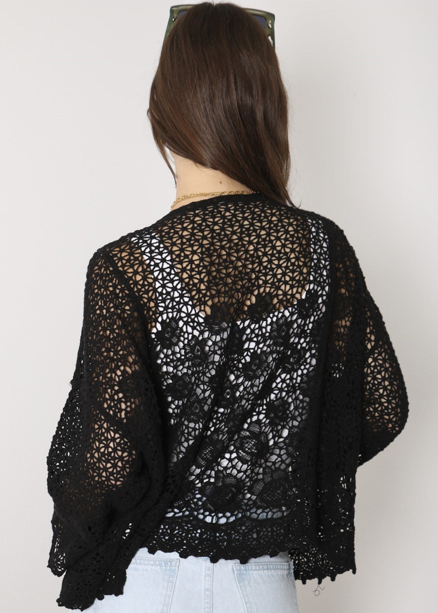 Anna-Kaci Womens Short Embroidered Lace Kimono Crop Cardigan with Half Sleeves