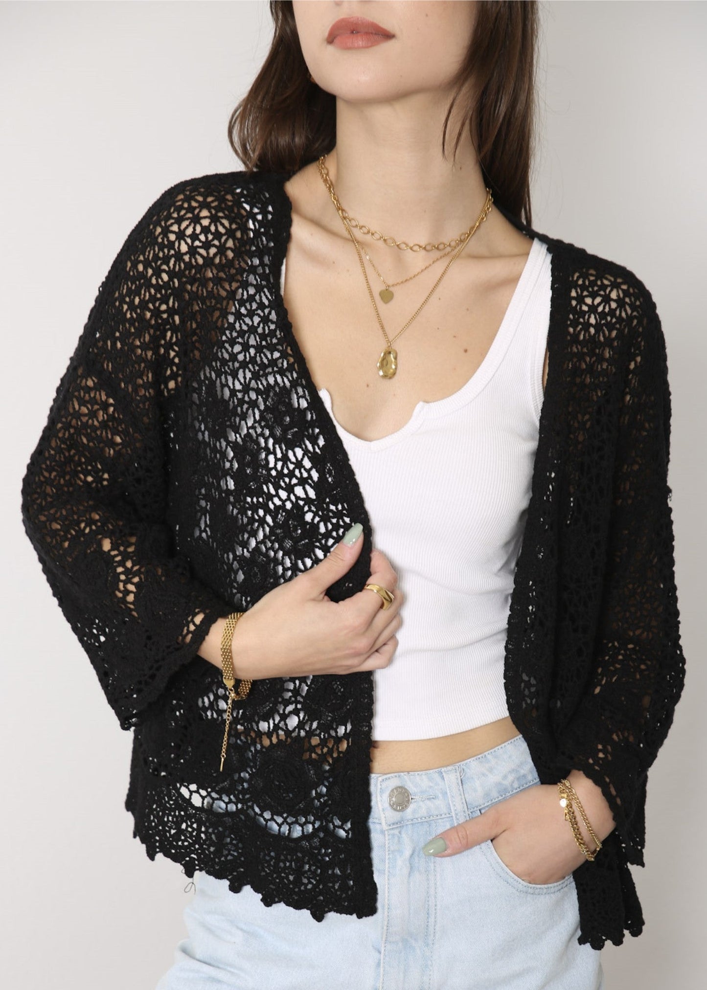 Anna-Kaci Womens Short Embroidered Lace Kimono Crop Cardigan with Half Sleeves