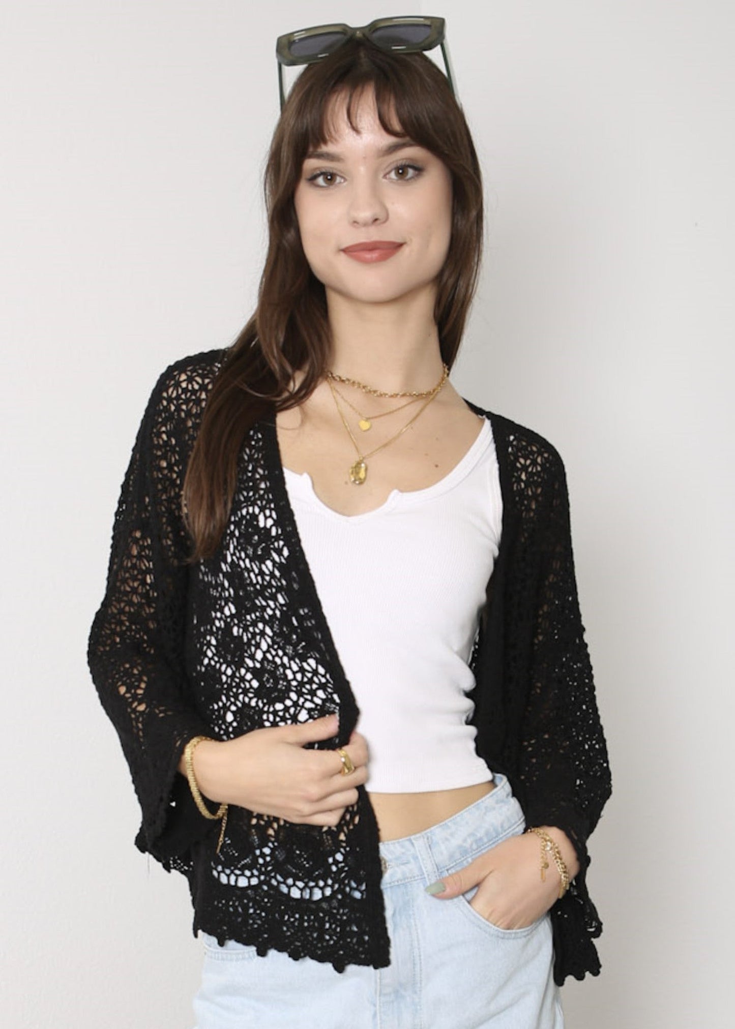 Anna-Kaci Womens Short Embroidered Lace Kimono Crop Cardigan with Half Sleeves