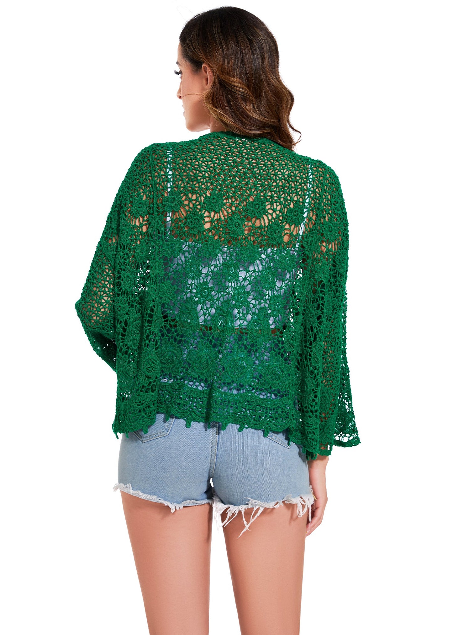 Anna-Kaci Womens Short Embroidered Lace Kimono Crop Cardigan with Half Sleeves