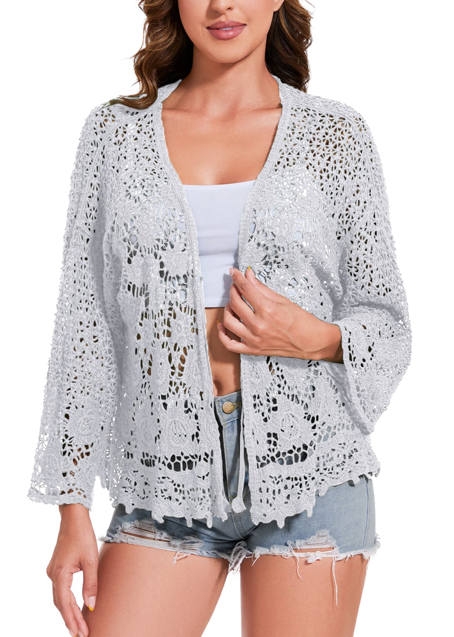 Anna-Kaci Womens Short Embroidered Lace Kimono Crop Cardigan with Half Sleeves