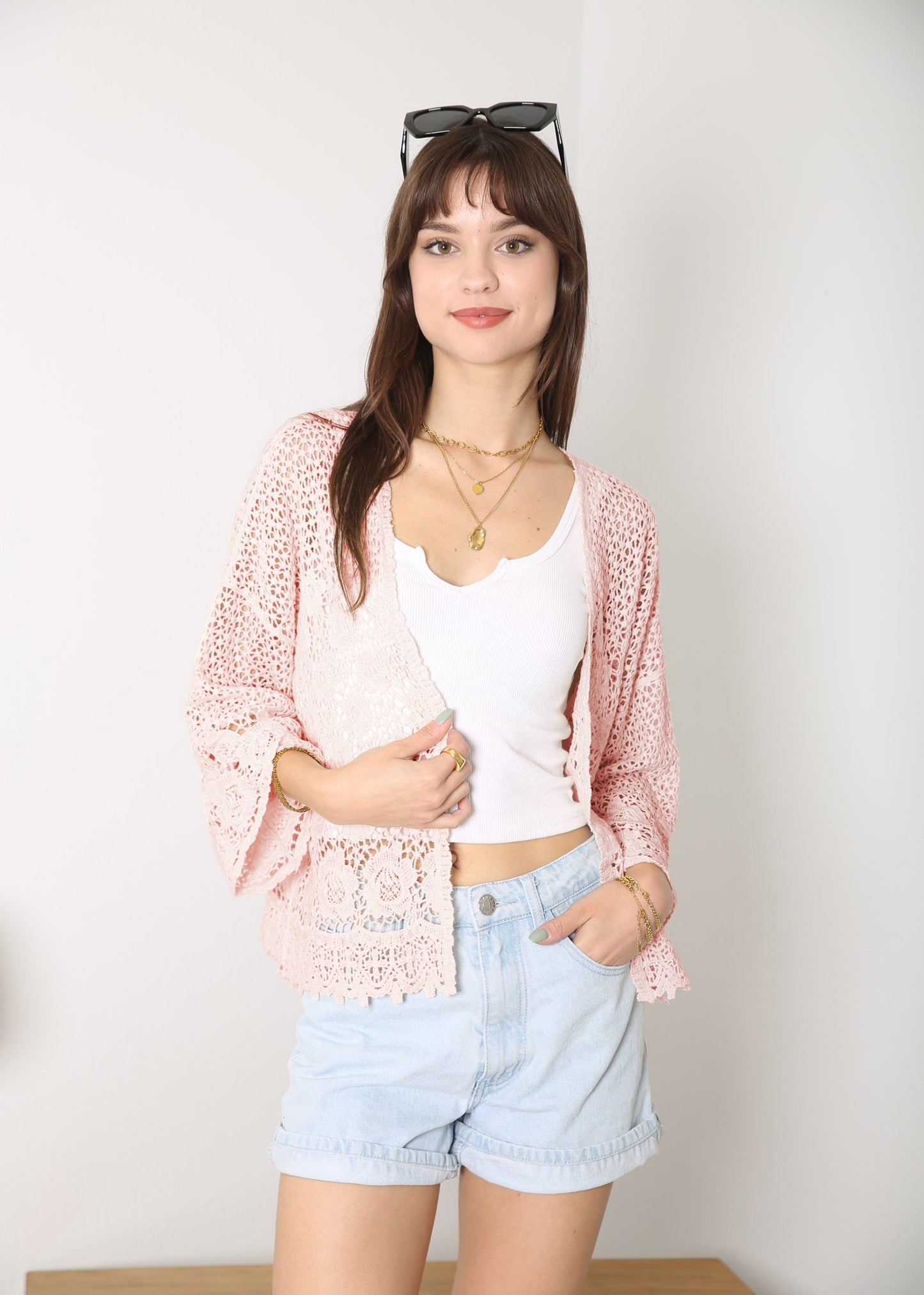 Anna-Kaci Womens Short Embroidered Lace Kimono Crop Cardigan with Half Sleeves