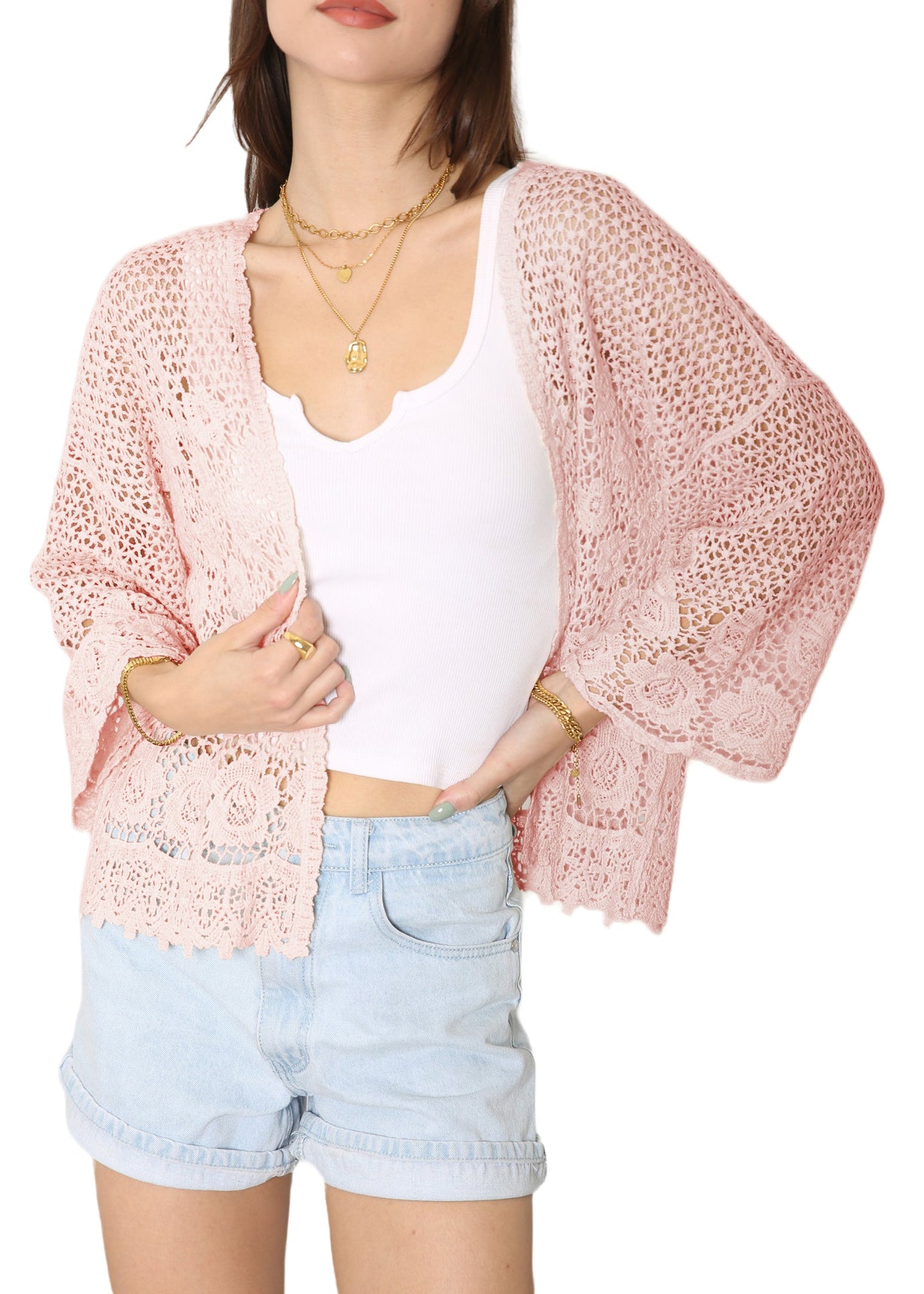 Anna-Kaci Womens Short Embroidered Lace Kimono Crop Cardigan with Half Sleeves