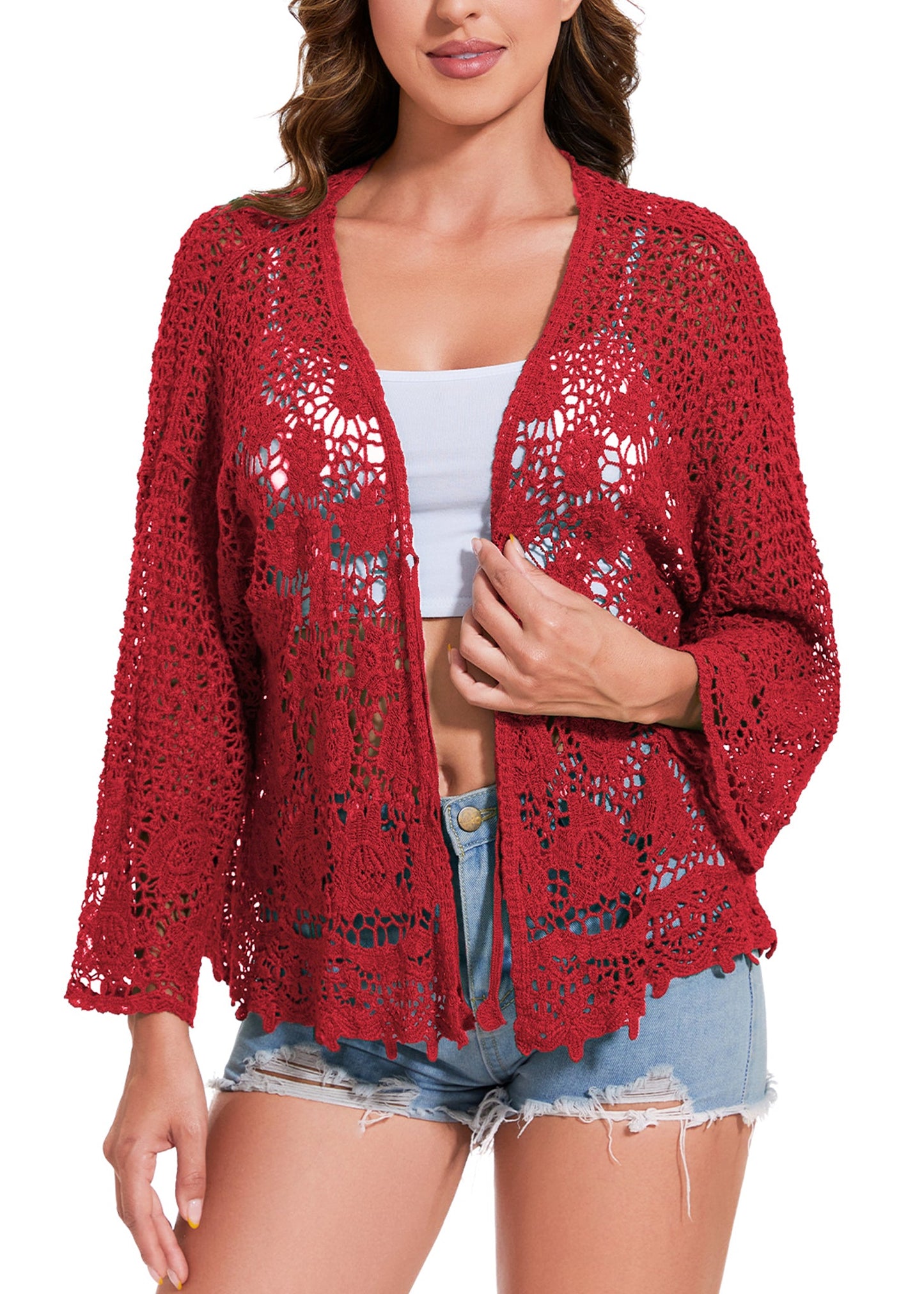 Anna-Kaci Womens Short Embroidered Lace Kimono Crop Cardigan with Half Sleeves