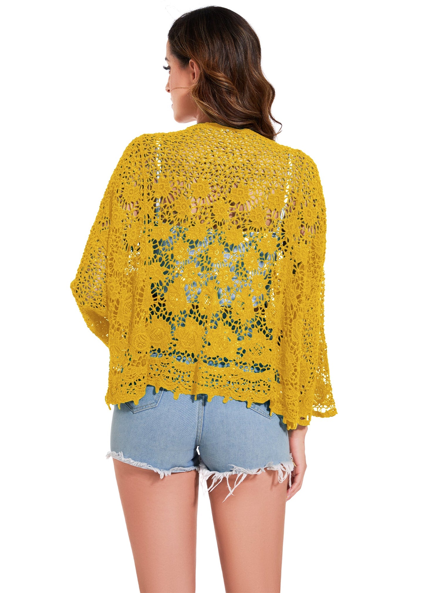 Anna-Kaci Womens Short Embroidered Lace Kimono Crop Cardigan with Half Sleeves