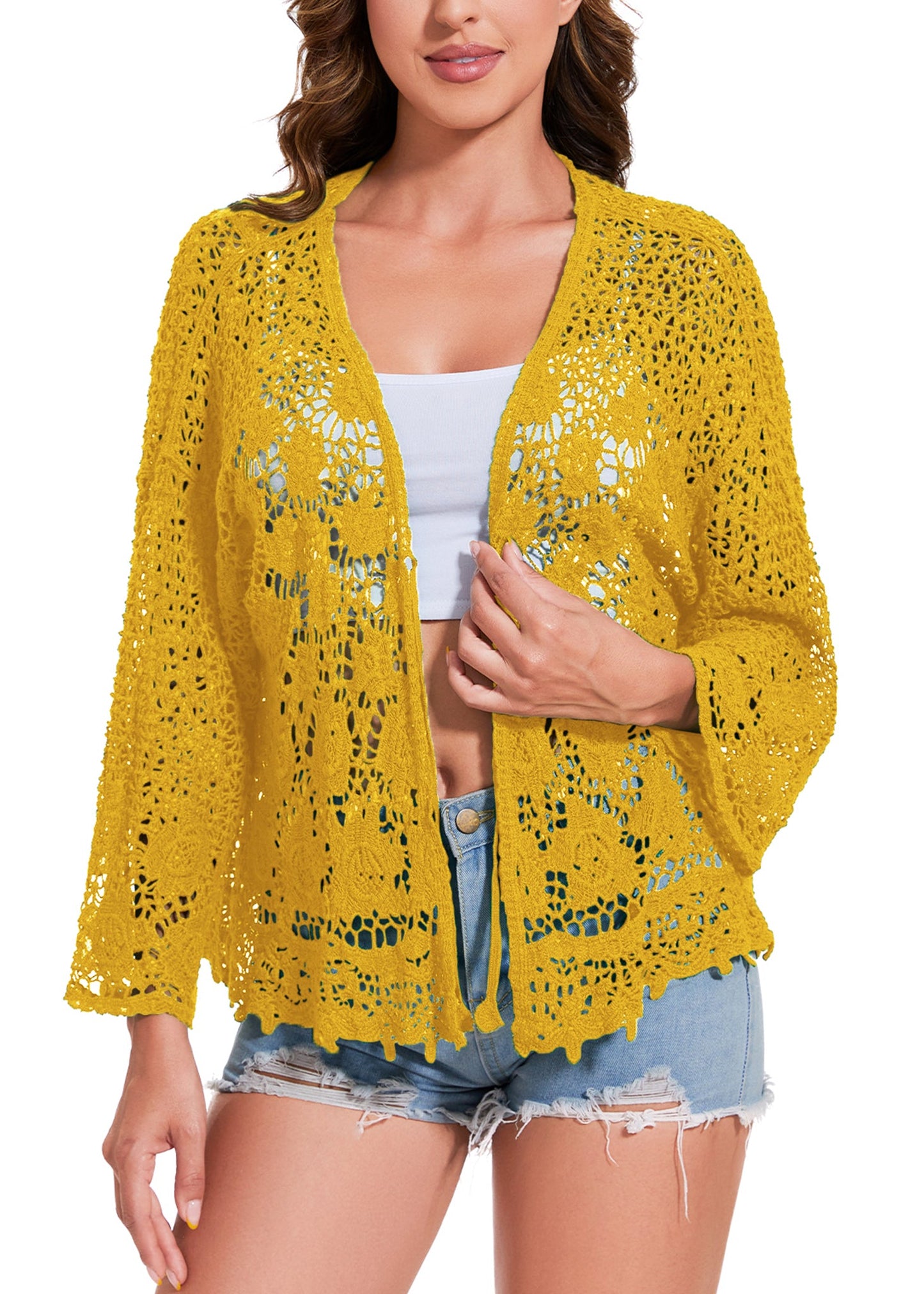 Anna-Kaci Womens Short Embroidered Lace Kimono Crop Cardigan with Half Sleeves