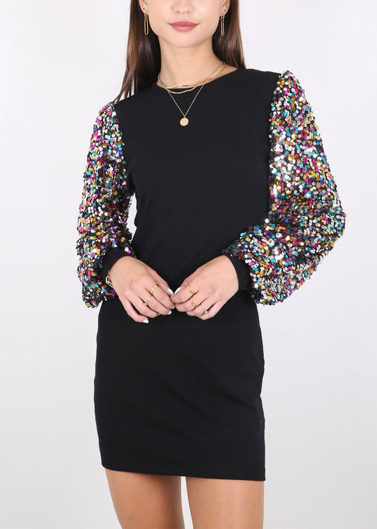 Anna-Kaci Women's Confetti Sequin Balloon Long Sleeve Round Neck Pullover Dress