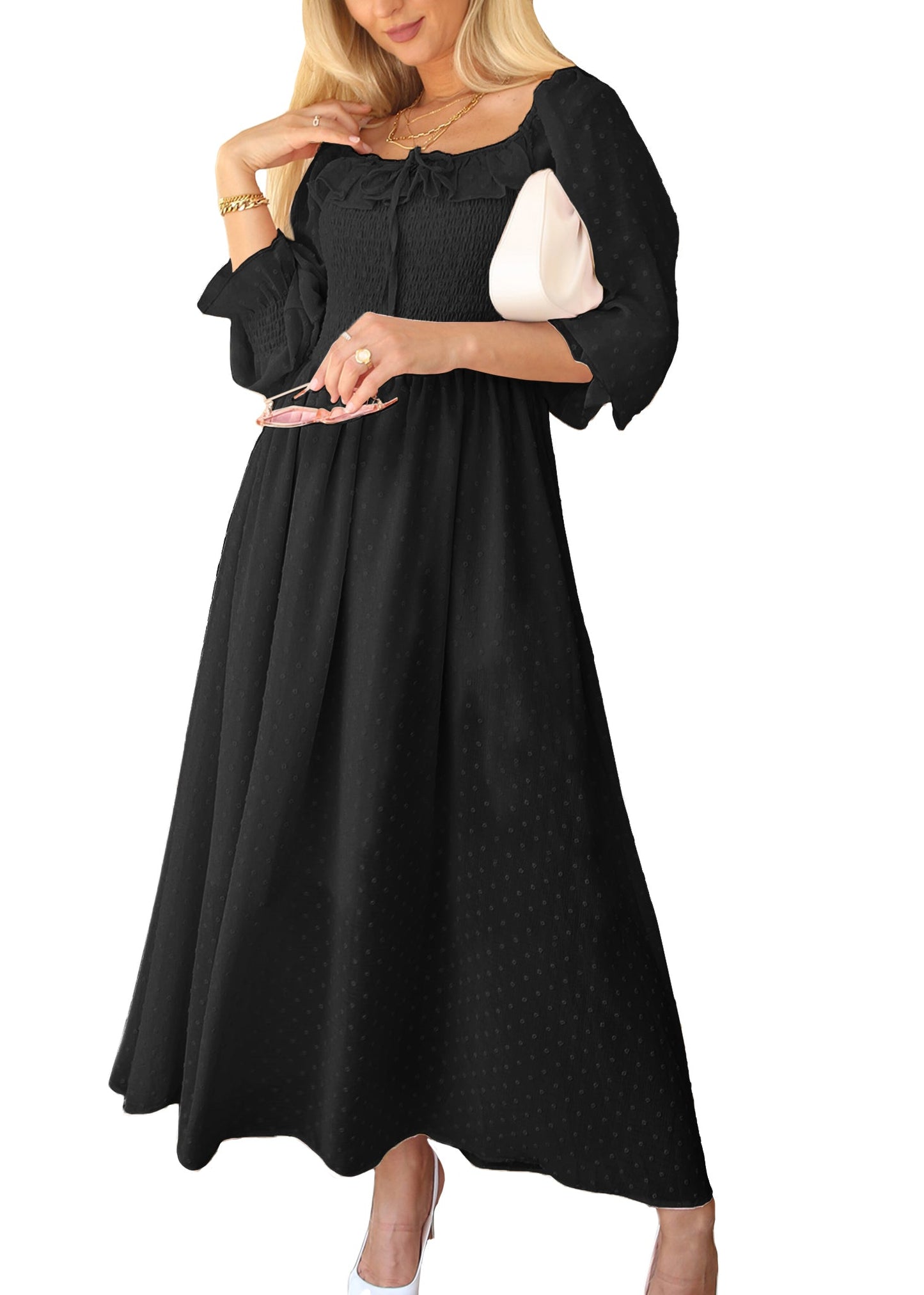 Anna-Kaci Long Sleeve Swiss Dot Lined Maxi Dress for Women Smocked Tied Detail Square Neck