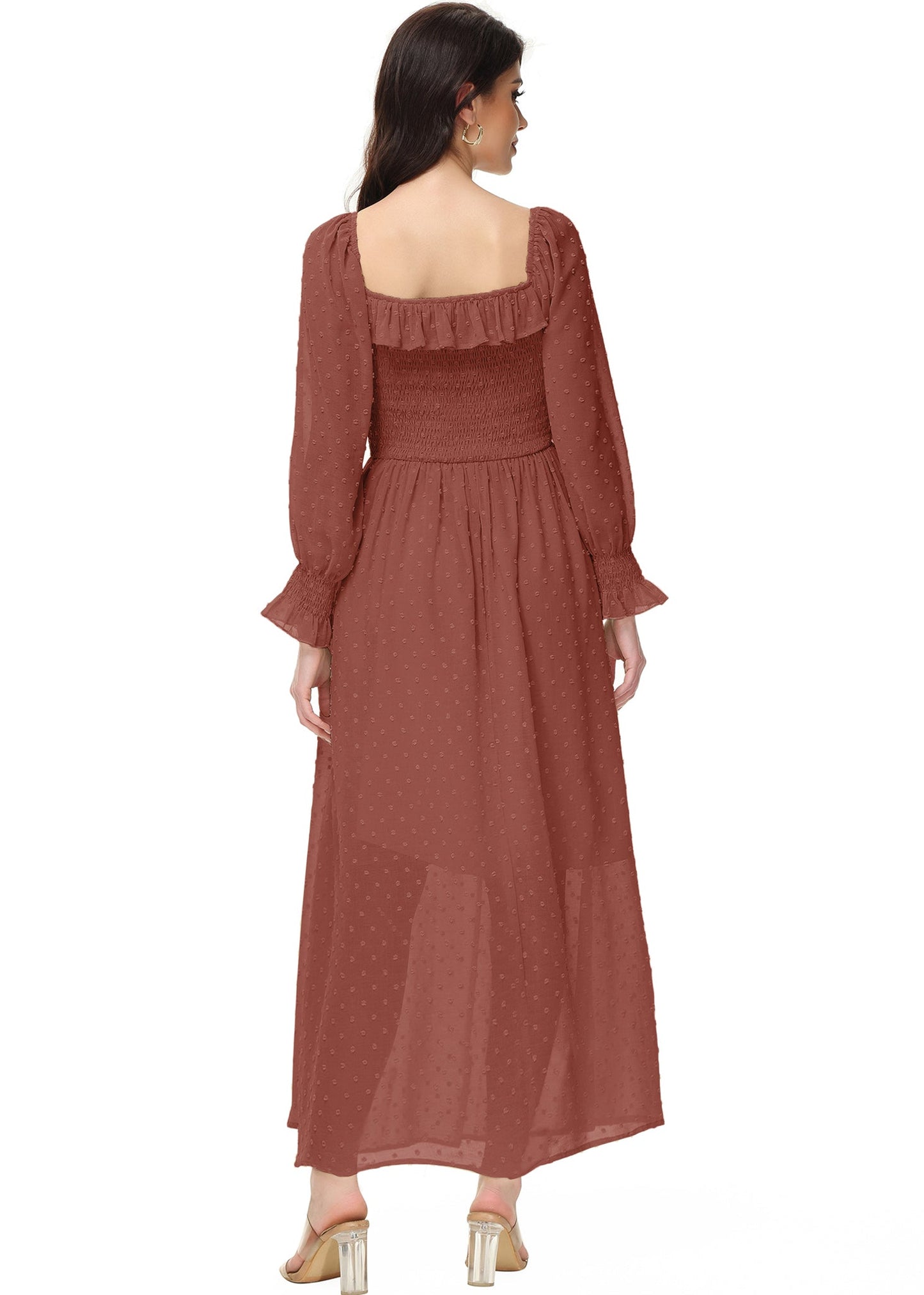 Anna-Kaci Long Sleeve Swiss Dot Lined Maxi Dress for Women Smocked Tied Detail Square Neck