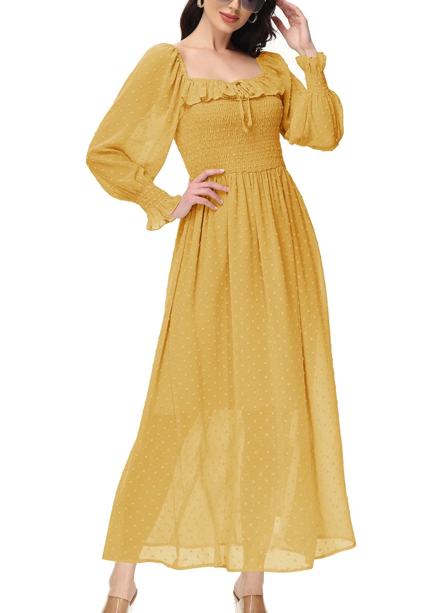 Anna-Kaci Long Sleeve Swiss Dot Lined Maxi Dress for Women Smocked Tied Detail Square Neck