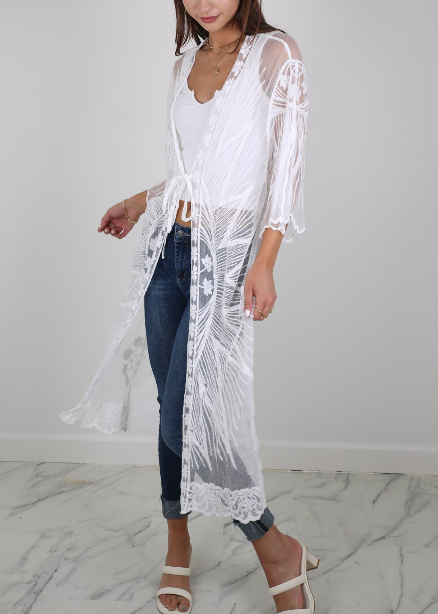 Half Sleeve Tie Front Embroidered Lace Kimono Cardigan Coverup